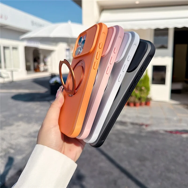 For iPhone 16 Pro Max Magnetic Case Rotating Ring Kickstand PC + TPU Skin-touch Phone Cover - Transparent Orange