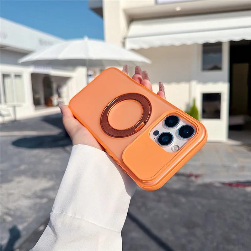 For iPhone 16 Pro Max Magnetic Case Rotating Ring Kickstand PC + TPU Skin-touch Phone Cover - Transparent Orange