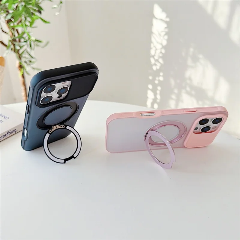 For iPhone 16 Pro Max Magnetic Case Rotating Ring Kickstand PC + TPU Skin-touch Phone Cover - Transparent Orange