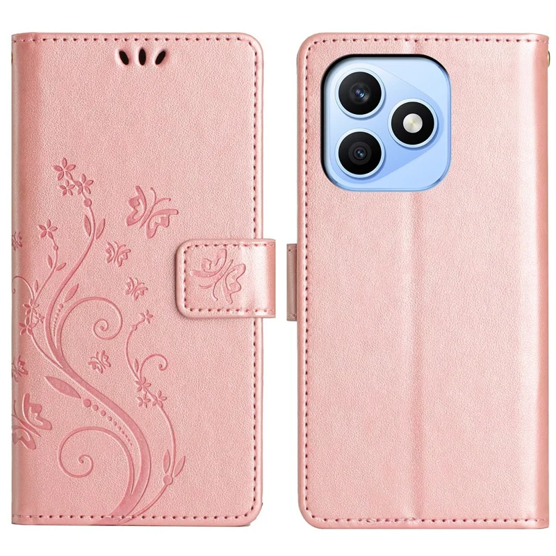 For Honor X8d 4G Leather Wallet Case Butterfly Flower Imprinted Phone Cover with Strap - Rose Gold