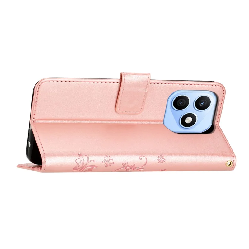 For Honor X8d 4G Leather Wallet Case Butterfly Flower Imprinted Phone Cover with Strap - Rose Gold