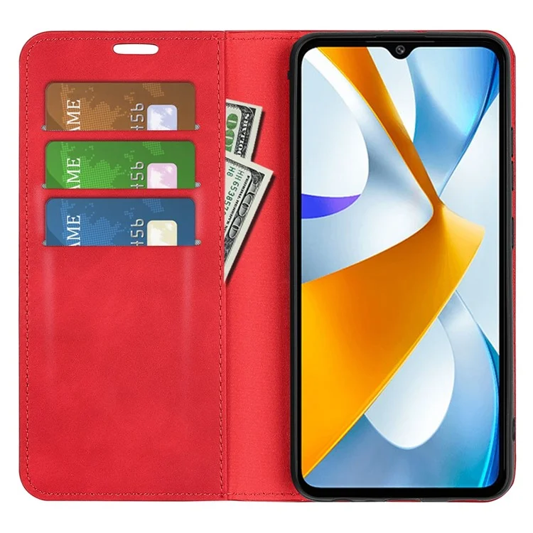 For Xiaomi Poco C40 4G Magnetic Auto-absorbed Anti-drop Phone Cover Skin-touch Feeling PU Leather Folio Phone Wallet Stand Case - Red