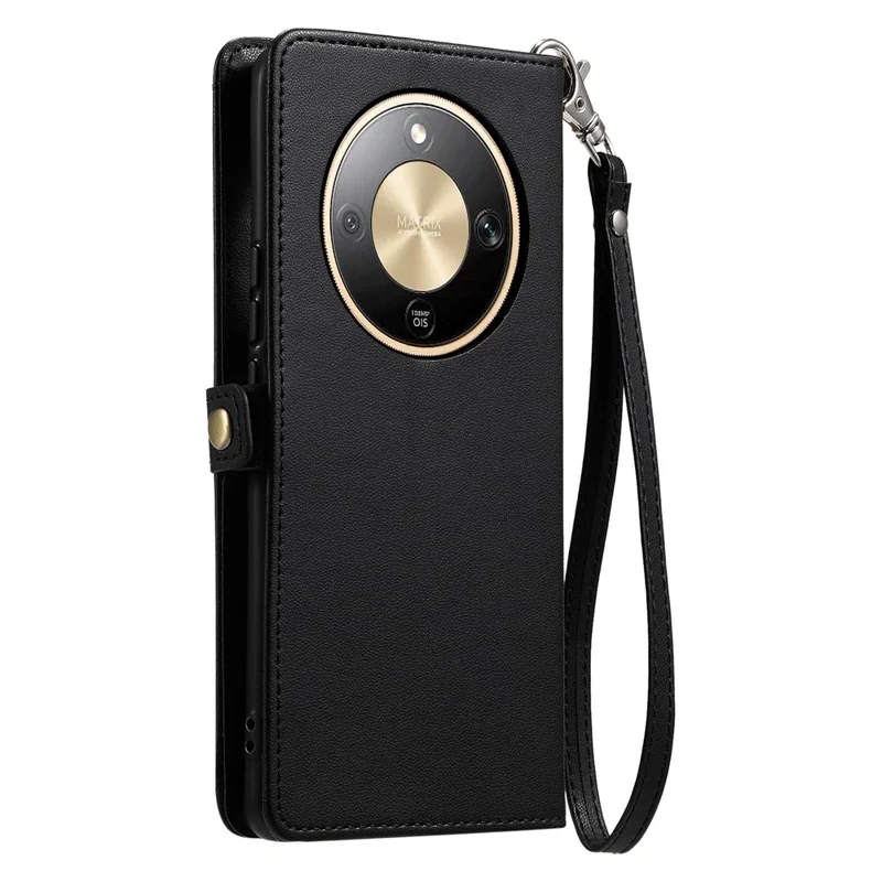 For Honor Magic8 Lite 5G  /  X9d 5G  /  X70 5G Leather Case with Wrist Strap Wallet Stand Phone Cover - Black