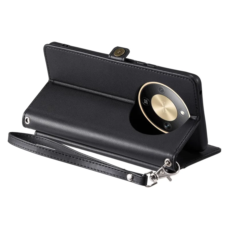 For Honor Magic8 Lite 5G  /  X9d 5G  /  X70 5G Leather Case with Wrist Strap Wallet Stand Phone Cover - Black