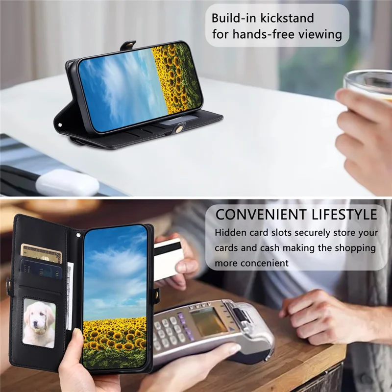 For Honor Magic8 Lite 5G  /  X9d 5G  /  X70 5G Leather Case with Wrist Strap Wallet Stand Phone Cover - Black