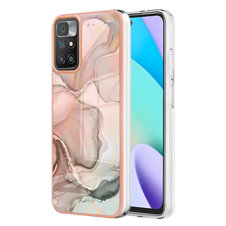 For Xiaomi Redmi 10 4G (2021) / Redmi 10 2022 4G / Redmi 10 Prime / Redmi Note 11 4G (MediaTek) YB IMD Series-16 Marble Pattern Case Style E IMD 2.0mm TPU Electroplated Phone Cover - Pink