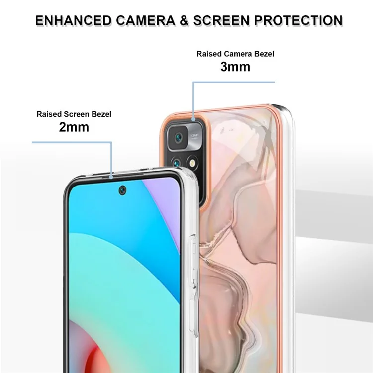 For Xiaomi Redmi 10 4G (2021) / Redmi 10 2022 4G / Redmi 10 Prime / Redmi Note 11 4G (MediaTek) YB IMD Series-16 Marble Pattern Case Style E IMD 2.0mm TPU Electroplated Phone Cover - Pink