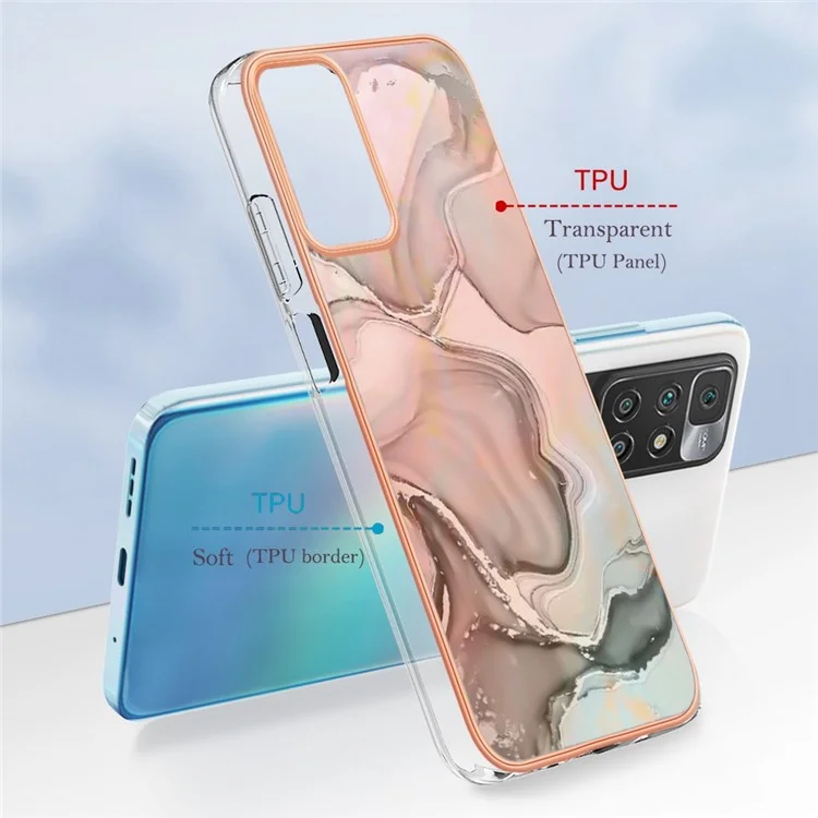For Xiaomi Redmi 10 4G (2021) / Redmi 10 2022 4G / Redmi 10 Prime / Redmi Note 11 4G (MediaTek) YB IMD Series-16 Marble Pattern Case Style E IMD 2.0mm TPU Electroplated Phone Cover - Pink