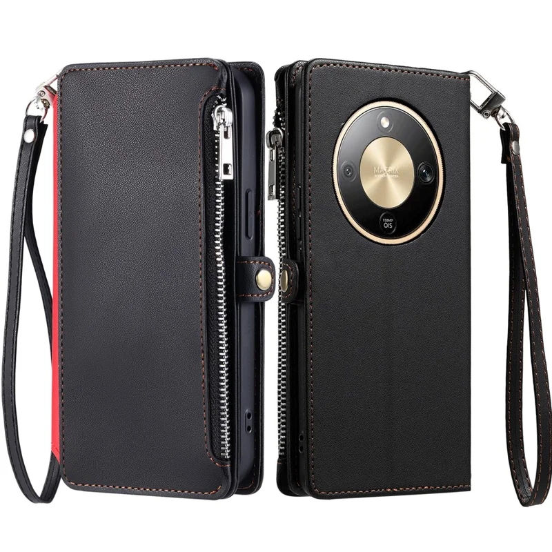 For Honor Magic8 Lite 5G  /  X9d 5G  /  X70 5G Case TPU + PU Leather Wallet Phone Cover with Wrist Strap - Black