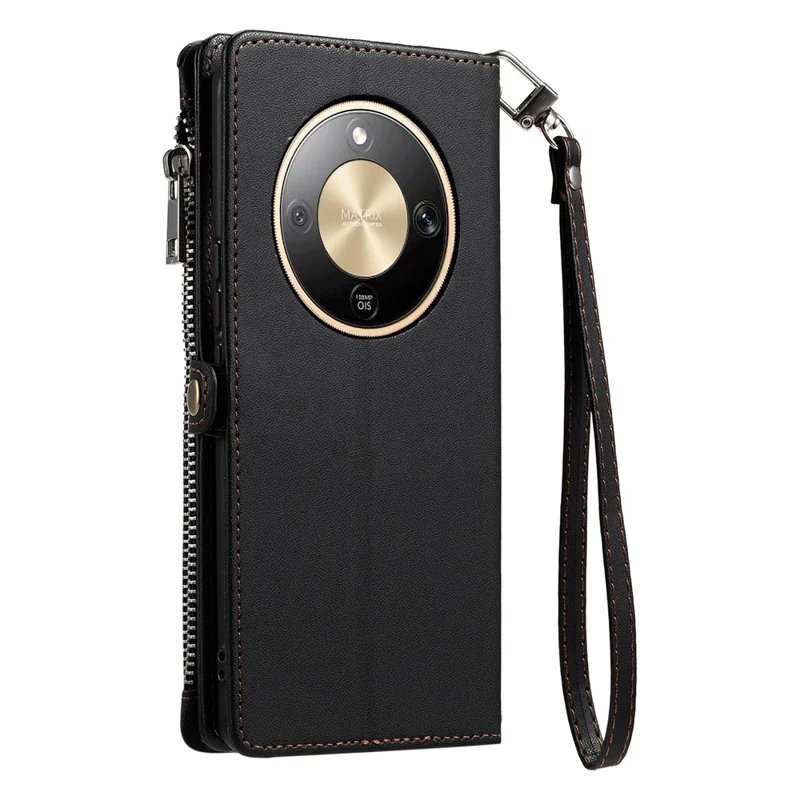 For Honor Magic8 Lite 5G  /  X9d 5G  /  X70 5G Case TPU + PU Leather Wallet Phone Cover with Wrist Strap - Black