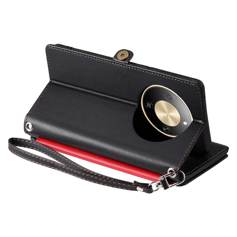 For Honor Magic8 Lite 5G  /  X9d 5G  /  X70 5G Case TPU + PU Leather Wallet Phone Cover with Wrist Strap - Black