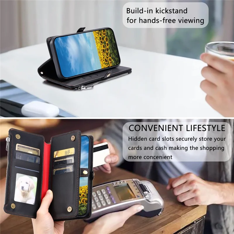For Honor Magic8 Lite 5G  /  X9d 5G  /  X70 5G Case TPU + PU Leather Wallet Phone Cover with Wrist Strap - Black