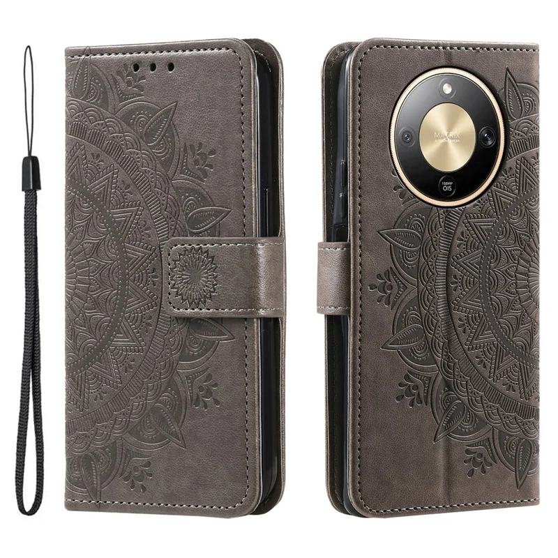 For Honor Magic8 Lite 5G  /  X9d 5G  /  X70 5G  Stand Case Imprinted Totem PU Leather Wallet Phone Cover with Wrist Strap - Grey