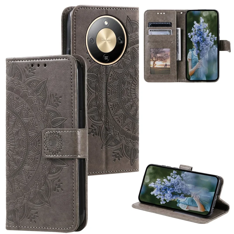 For Honor Magic8 Lite 5G  /  X9d 5G  /  X70 5G  Stand Case Imprinted Totem PU Leather Wallet Phone Cover with Wrist Strap - Grey