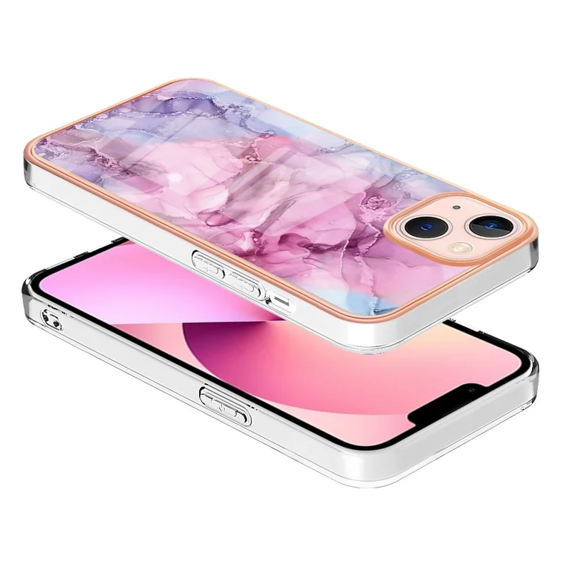 YB IMD Series-16 for iPhone 13 mini 5.4 inch Style E Marble Pattern IMD Phone Case Electroplating Frame 2.0mm Protective TPU Back Cover - Rose