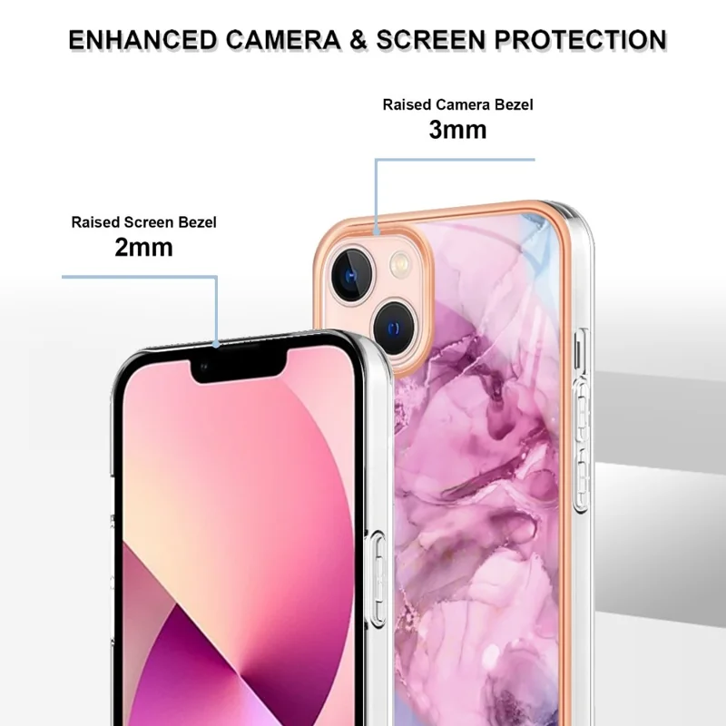 YB IMD Series-16 for iPhone 13 mini 5.4 inch Style E Marble Pattern IMD Phone Case Electroplating Frame 2.0mm Protective TPU Back Cover - Rose