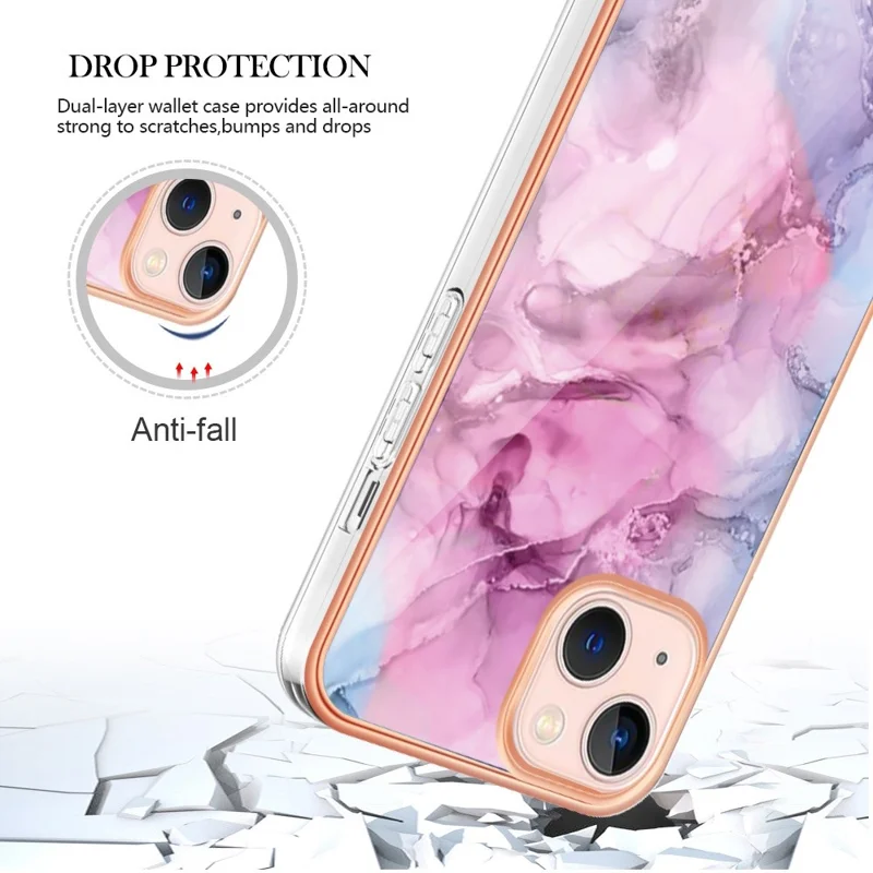YB IMD Series-16 for iPhone 13 mini 5.4 inch Style E Marble Pattern IMD Phone Case Electroplating Frame 2.0mm Protective TPU Back Cover - Rose