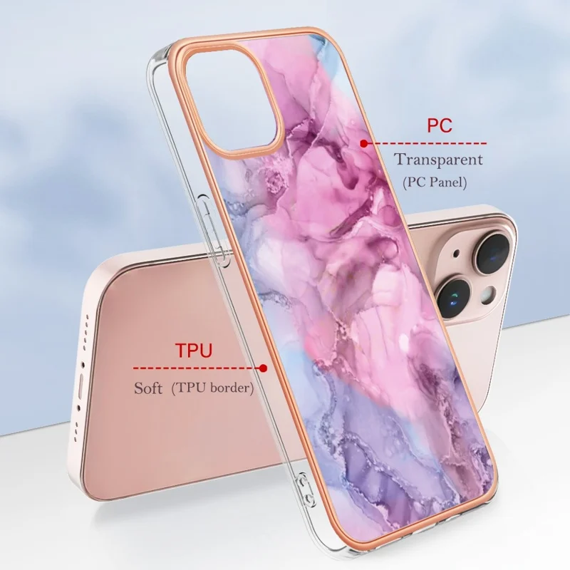 YB IMD Series-16 for iPhone 13 mini 5.4 inch Style E Marble Pattern IMD Phone Case Electroplating Frame 2.0mm Protective TPU Back Cover - Rose