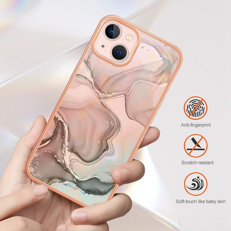 YB IMD Series-16 for iPhone 13 mini 5.4 inch Style E Marble Pattern IMD Phone Case Electroplating Frame 2.0mm Protective TPU Back Cover - Rose