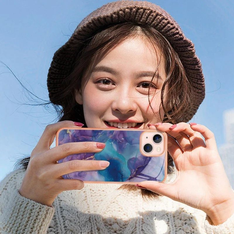 YB IMD Series-16 for iPhone 13 mini 5.4 inch Style E Marble Pattern IMD Phone Case Electroplating Frame 2.0mm Protective TPU Back Cover - Rose