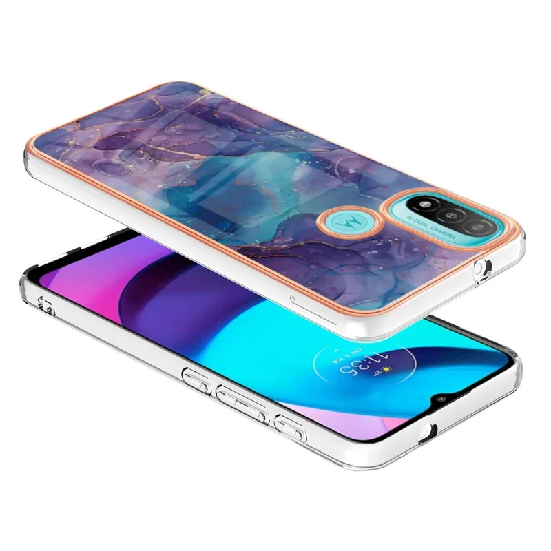 YB IMD Series-16 for Motorola Moto E20 / E30 / E40 Style E Marble Pattern IMD Phone Case Electroplating Frame 2.0mm TPU Anti-Scratch Shockproof Cover - Purple
