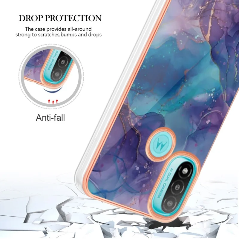 YB IMD Series-16 for Motorola Moto E20 / E30 / E40 Style E Marble Pattern IMD Phone Case Electroplating Frame 2.0mm TPU Anti-Scratch Shockproof Cover - Purple