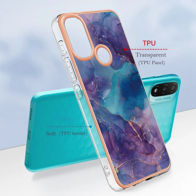 YB IMD Series-16 for Motorola Moto E20 / E30 / E40 Style E Marble Pattern IMD Phone Case Electroplating Frame 2.0mm TPU Anti-Scratch Shockproof Cover - Purple