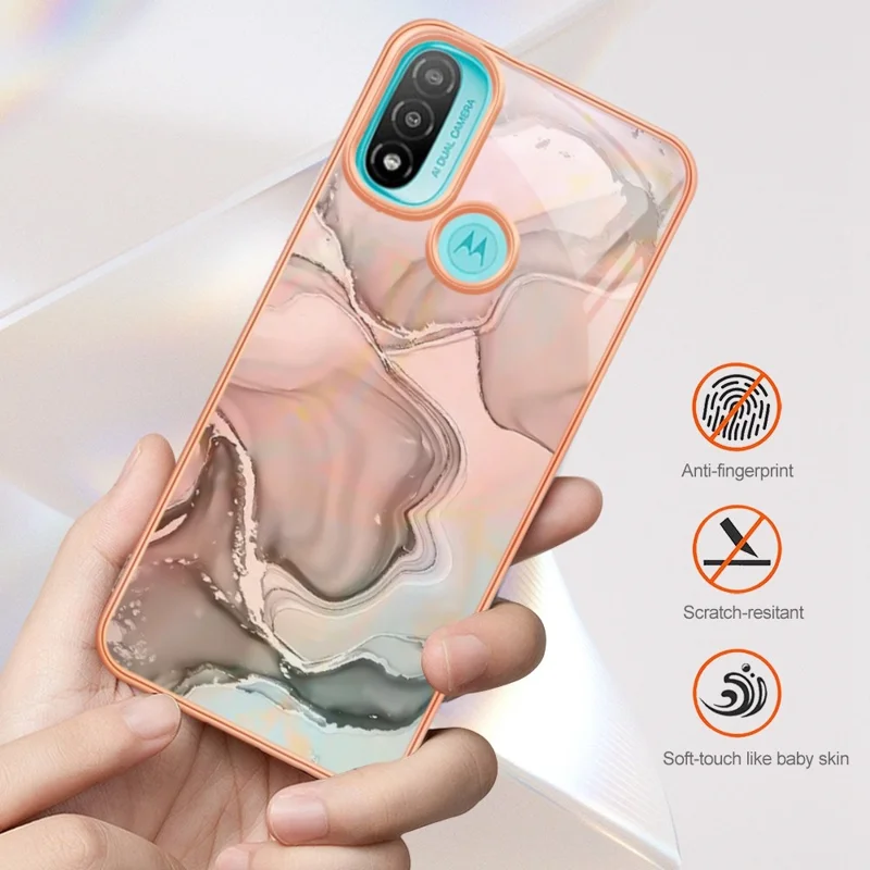 YB IMD Series-16 for Motorola Moto E20 / E30 / E40 Style E Marble Pattern IMD Phone Case Electroplating Frame 2.0mm TPU Anti-Scratch Shockproof Cover - Purple