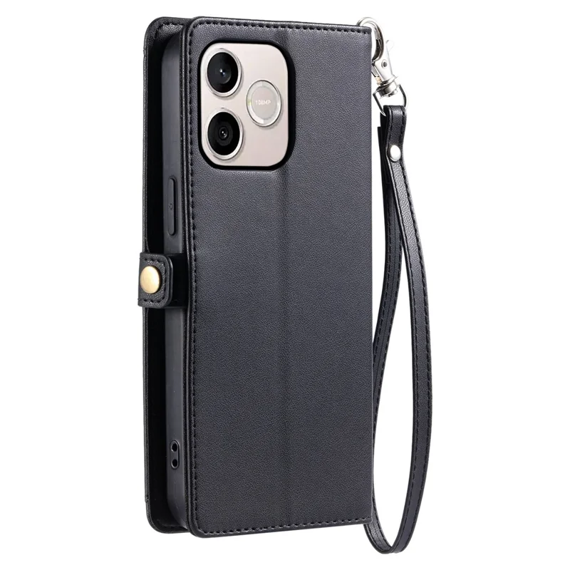 For Honor 600 Lite 5G Leather Case with Wrist Strap Wallet Stand Phone Cover - Black