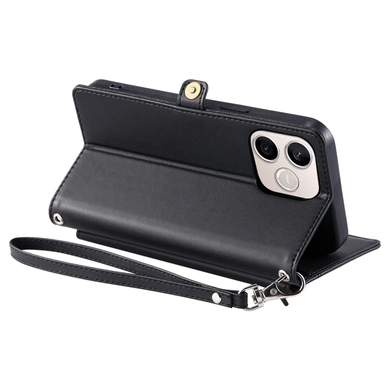 For Honor 600 Lite 5G Leather Case with Wrist Strap Wallet Stand Phone Cover - Black