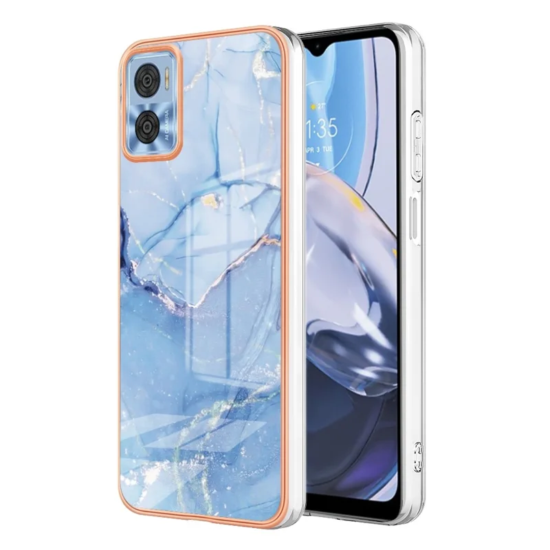 For Motorola Moto E22 4G / E22i 4G YB IMD Series-16 Style E Marble Pattern Phone Case Electroplating Frame 2.0mm TPU Anti-Scratch IMD Shockproof Cover - Blue