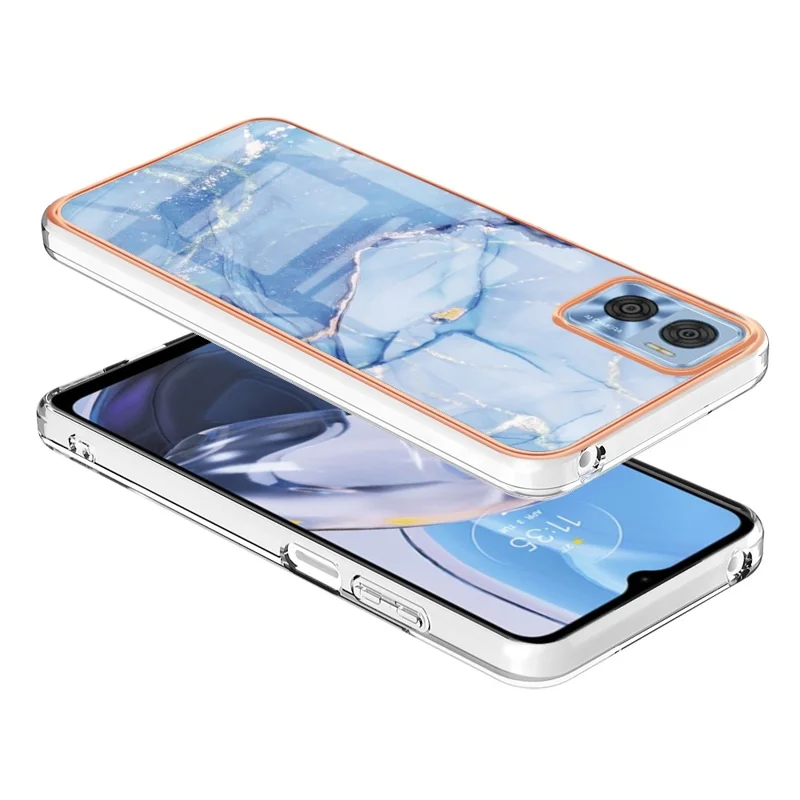For Motorola Moto E22 4G / E22i 4G YB IMD Series-16 Style E Marble Pattern Phone Case Electroplating Frame 2.0mm TPU Anti-Scratch IMD Shockproof Cover - Blue
