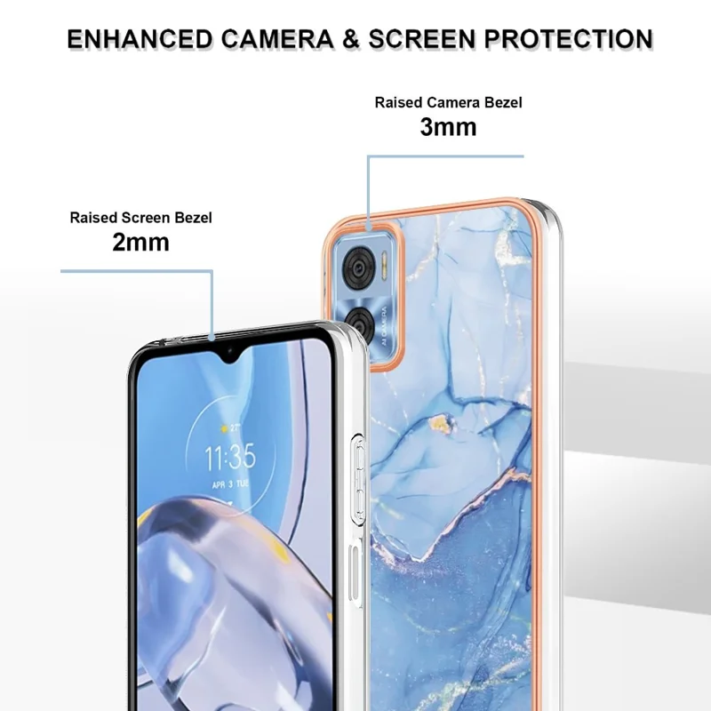 For Motorola Moto E22 4G / E22i 4G YB IMD Series-16 Style E Marble Pattern Phone Case Electroplating Frame 2.0mm TPU Anti-Scratch IMD Shockproof Cover - Blue