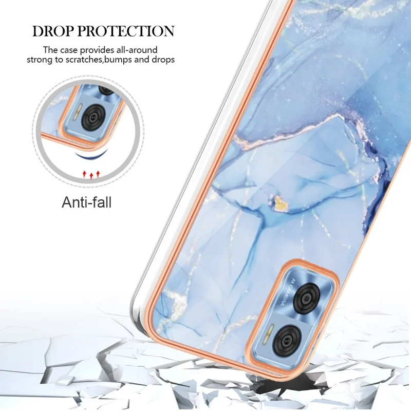 For Motorola Moto E22 4G / E22i 4G YB IMD Series-16 Style E Marble Pattern Phone Case Electroplating Frame 2.0mm TPU Anti-Scratch IMD Shockproof Cover - Blue