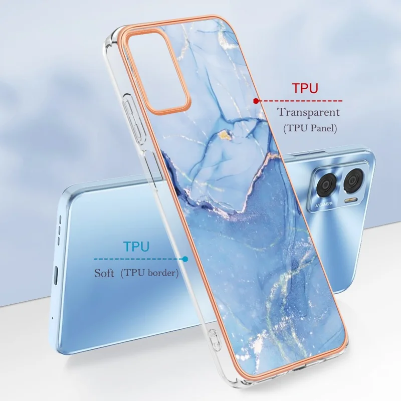 For Motorola Moto E22 4G / E22i 4G YB IMD Series-16 Style E Marble Pattern Phone Case Electroplating Frame 2.0mm TPU Anti-Scratch IMD Shockproof Cover - Blue