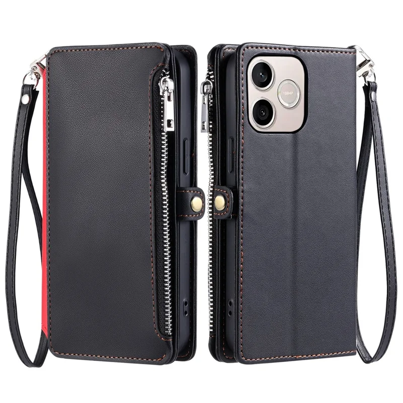 For Honor 600 Lite 5G Phone Case TPU + PU Leather Wallet Phone Cover with Wrist Strap - Black