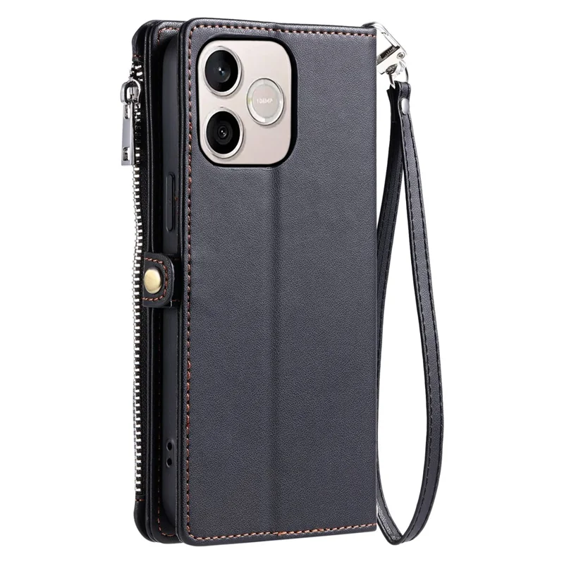 For Honor 600 Lite 5G Phone Case TPU + PU Leather Wallet Phone Cover with Wrist Strap - Black
