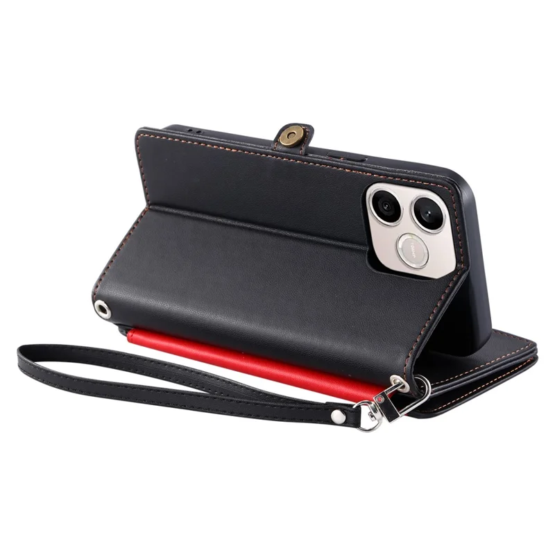 For Honor 600 Lite 5G Phone Case TPU + PU Leather Wallet Phone Cover with Wrist Strap - Black