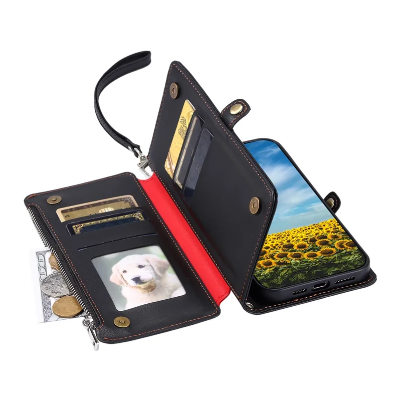 For Honor 600 Lite 5G Phone Case TPU + PU Leather Wallet Phone Cover with Wrist Strap - Black