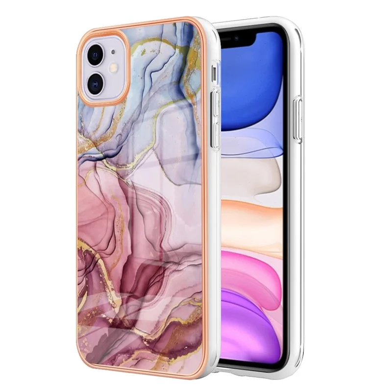 Voor iPhone 11 6,1 inch YB IMD-serie-16 Stijl E Marmeren Patroon Hoesje 2,0 mm TPU Gegalvaniseerd IMD Krasbestendig Telefoonhoesje Ondersteunt Draadloos Opladen - Roségoud