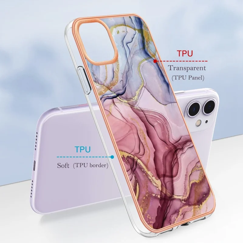 Voor iPhone 11 6,1 inch YB IMD-serie-16 Stijl E Marmeren Patroon Hoesje 2,0 mm TPU Gegalvaniseerd IMD Krasbestendig Telefoonhoesje Ondersteunt Draadloos Opladen - Roségoud