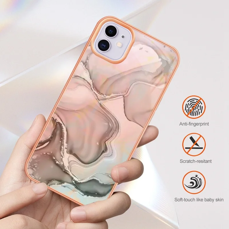 Voor iPhone 11 6,1 inch YB IMD-serie-16 Stijl E Marmeren Patroon Hoesje 2,0 mm TPU Gegalvaniseerd IMD Krasbestendig Telefoonhoesje Ondersteunt Draadloos Opladen - Roségoud