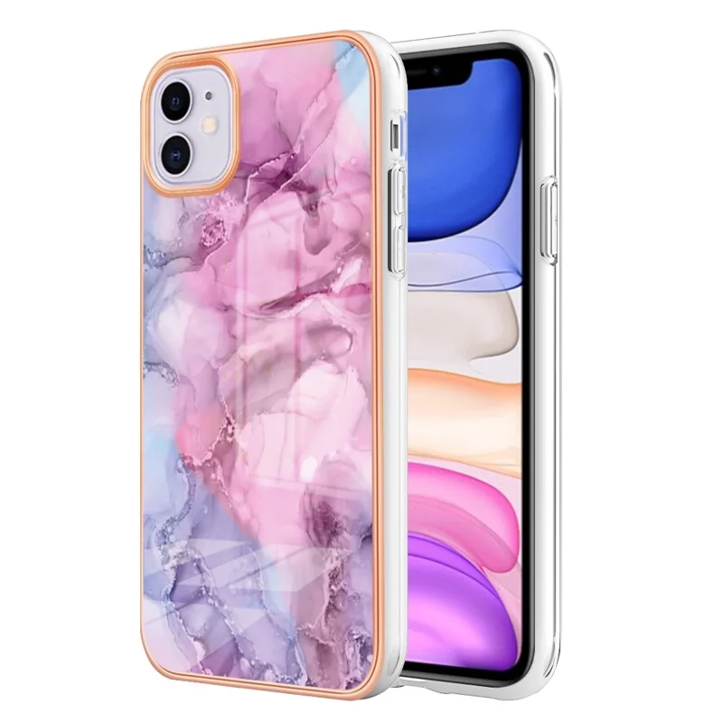 For iPhone 11 6.1 inch YB IMD Series-16 Style E Marble Pattern Case 2.0mm TPU Electroplated IMD Anti-scratch Phone Cover Support Wireless Charging - Rose