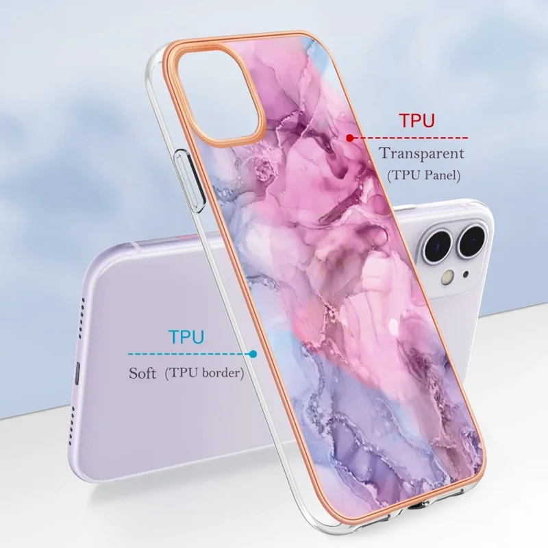 For iPhone 11 6.1 inch YB IMD Series-16 Style E Marble Pattern Case 2.0mm TPU Electroplated IMD Anti-scratch Phone Cover Support Wireless Charging - Rose