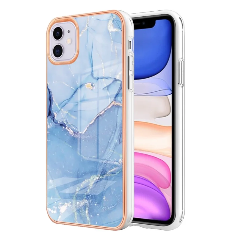 For iPhone 11 6.1 inch YB IMD Series-16 Style E Marble Pattern Case 2.0mm TPU Electroplated IMD Anti-scratch Phone Cover Support Wireless Charging - Blue