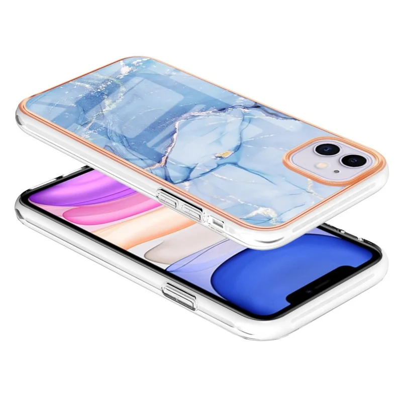 For iPhone 11 6.1 inch YB IMD Series-16 Style E Marble Pattern Case 2.0mm TPU Electroplated IMD Anti-scratch Phone Cover Support Wireless Charging - Blue