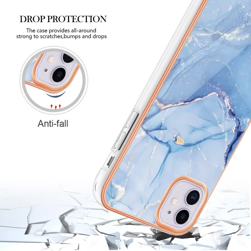 For iPhone 11 6.1 inch YB IMD Series-16 Style E Marble Pattern Case 2.0mm TPU Electroplated IMD Anti-scratch Phone Cover Support Wireless Charging - Blue
