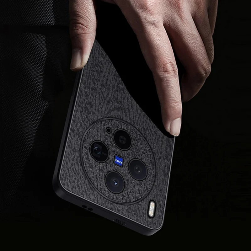For vivo X300s 5G Case Wood Texture PU Leather Coated PC TPU Phone Cover - Black