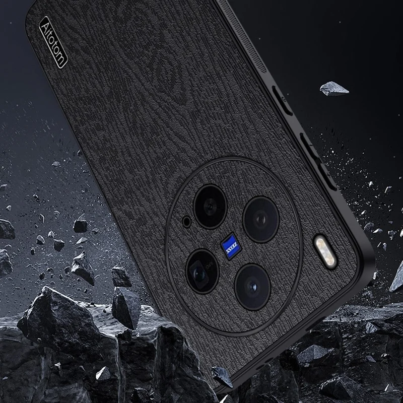 For vivo X300s 5G Case Wood Texture PU Leather Coated PC TPU Phone Cover - Black