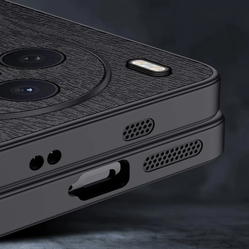 For vivo X300s 5G Case Wood Texture PU Leather Coated PC TPU Phone Cover - Black